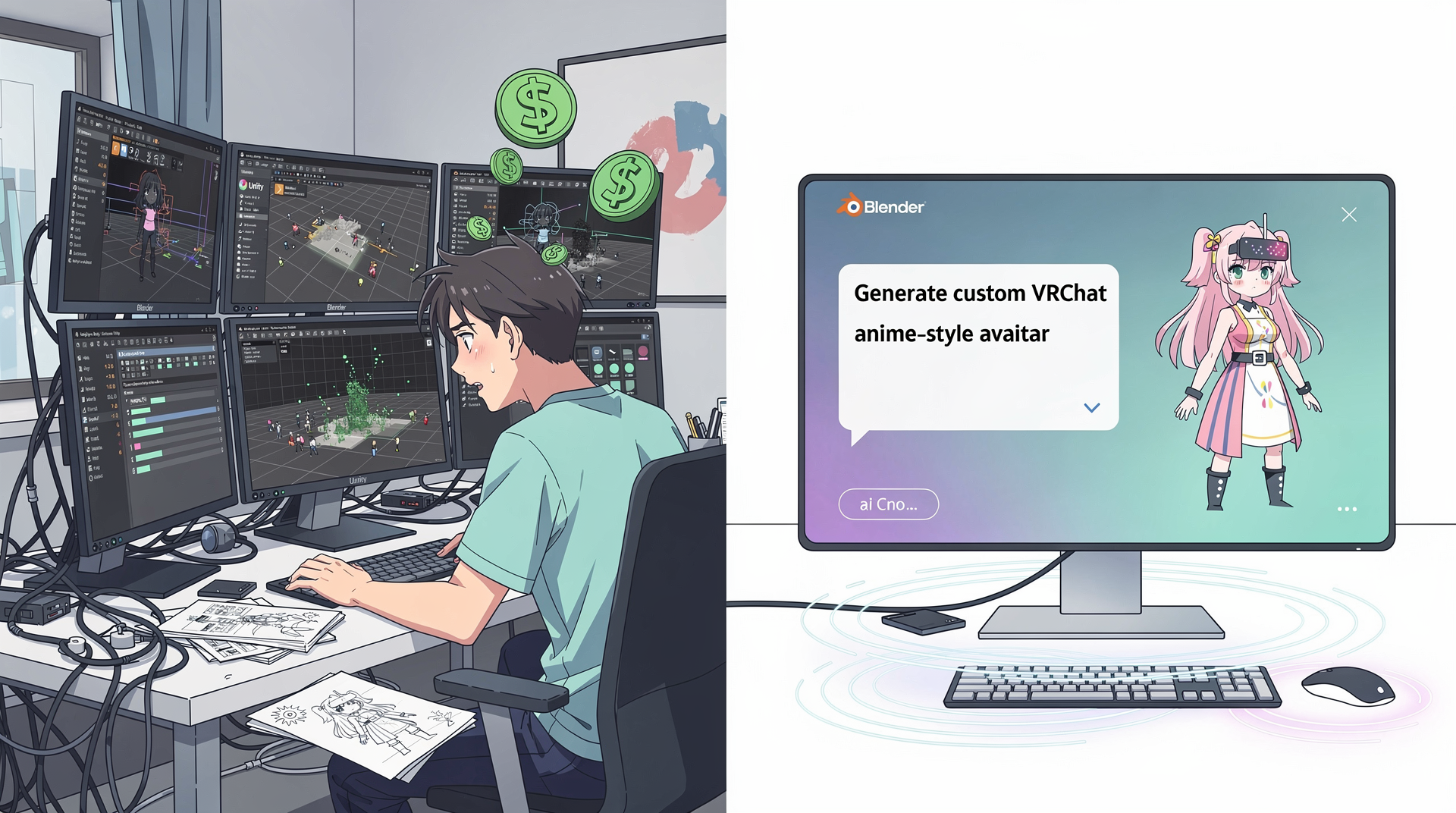 A visual comparison showing the complicated Gumroad/Blender workflow versus the streamlined AI Avatar Maker process