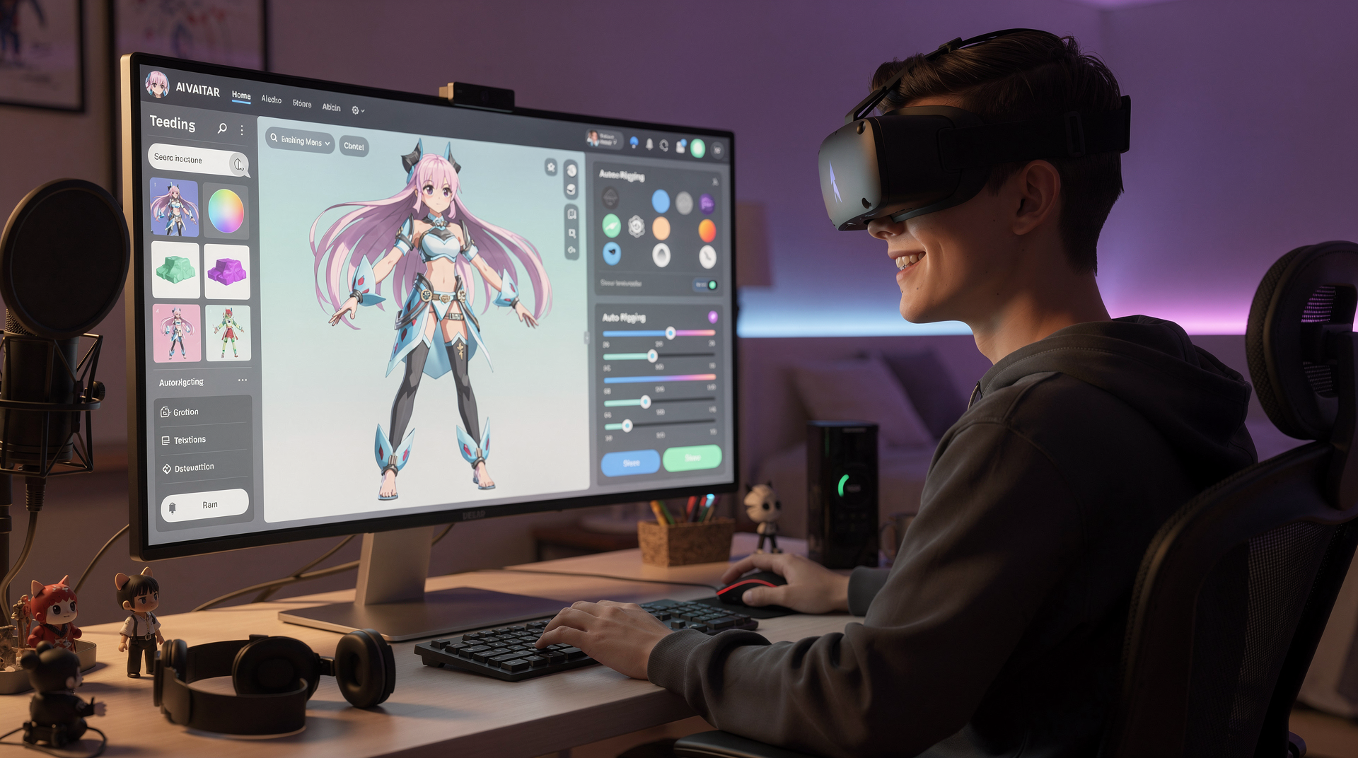 A creator smiling while using AI to instantly retexture and rig an avatar, avoiding traditional 3D software