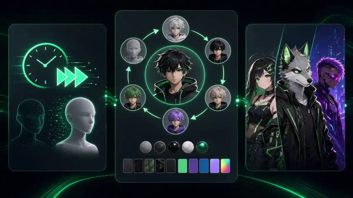 Multiple VRChat avatar asset stages including concept image, textured 3D model, and rigged preview