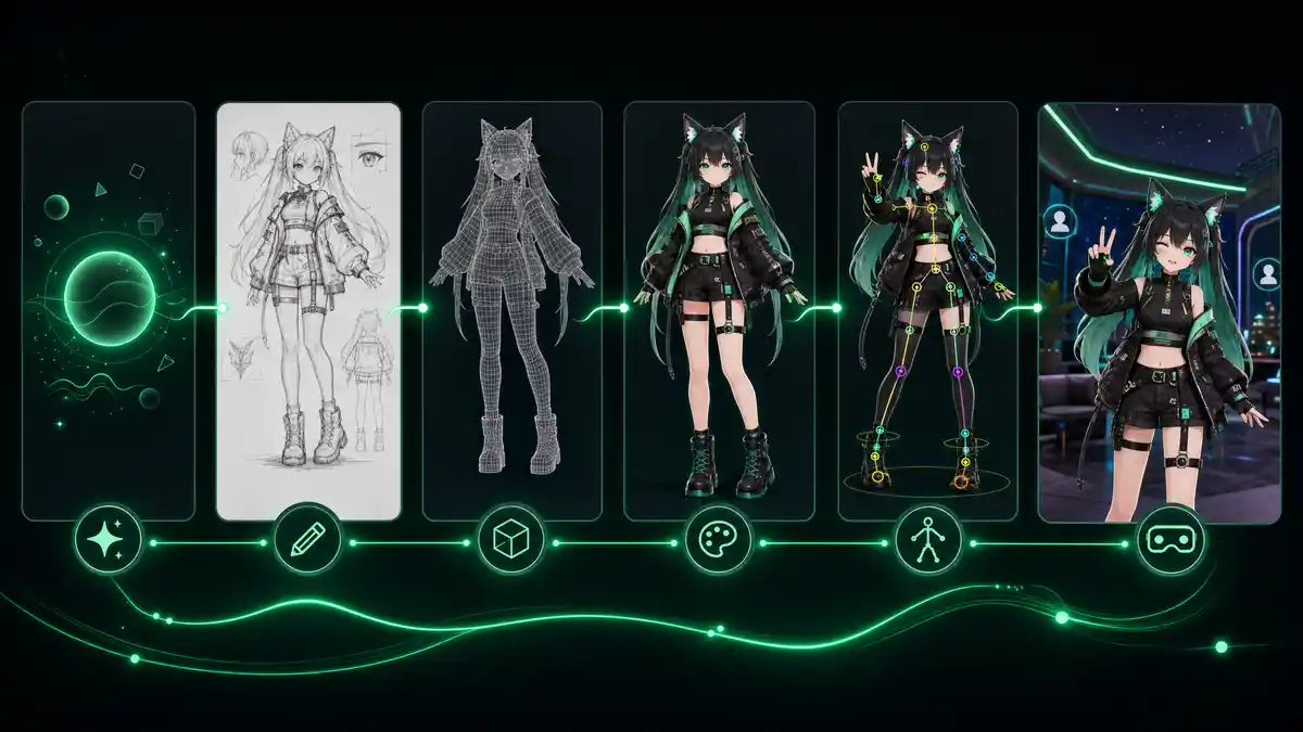 VRChat avatar creation pipeline from prompt and references to textured, rigged, previewable 3D asset